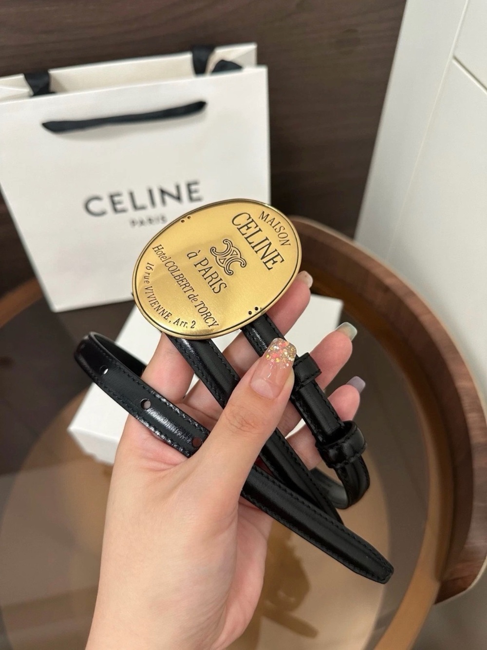 Celine Black Leather Belt with Gold Maison Medallion - Picture 2 of 6